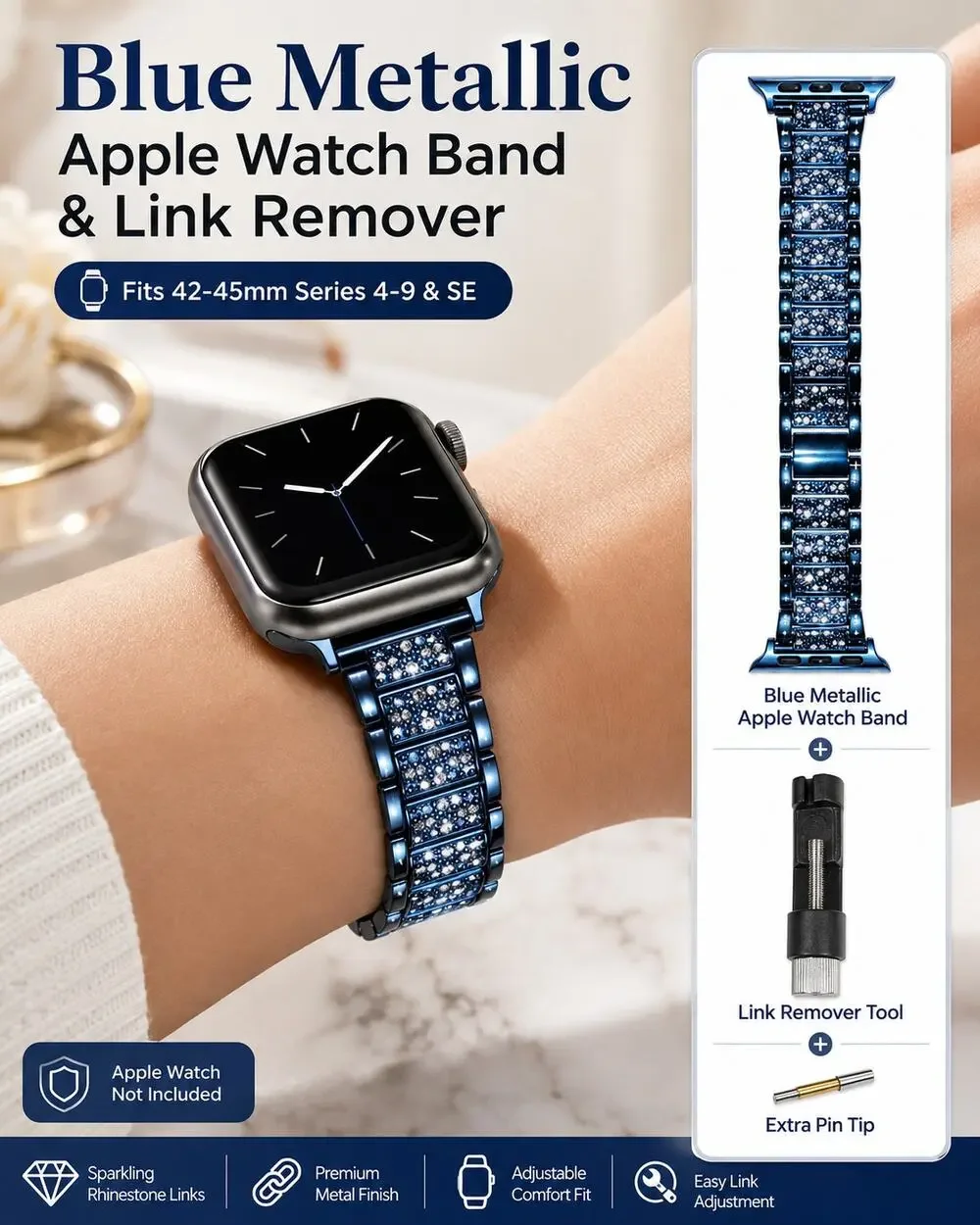 Blue Metalic Apple Watch Band & Link Remover fits 42-45mm Series 4-9 & SE